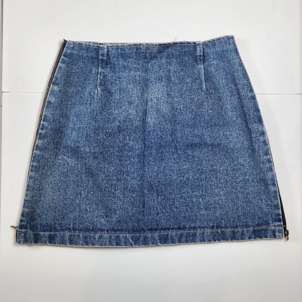 Vintage 90s Denim Mini Skirt Bongo Side Zipper Detail Blue Cotton Size L USA
